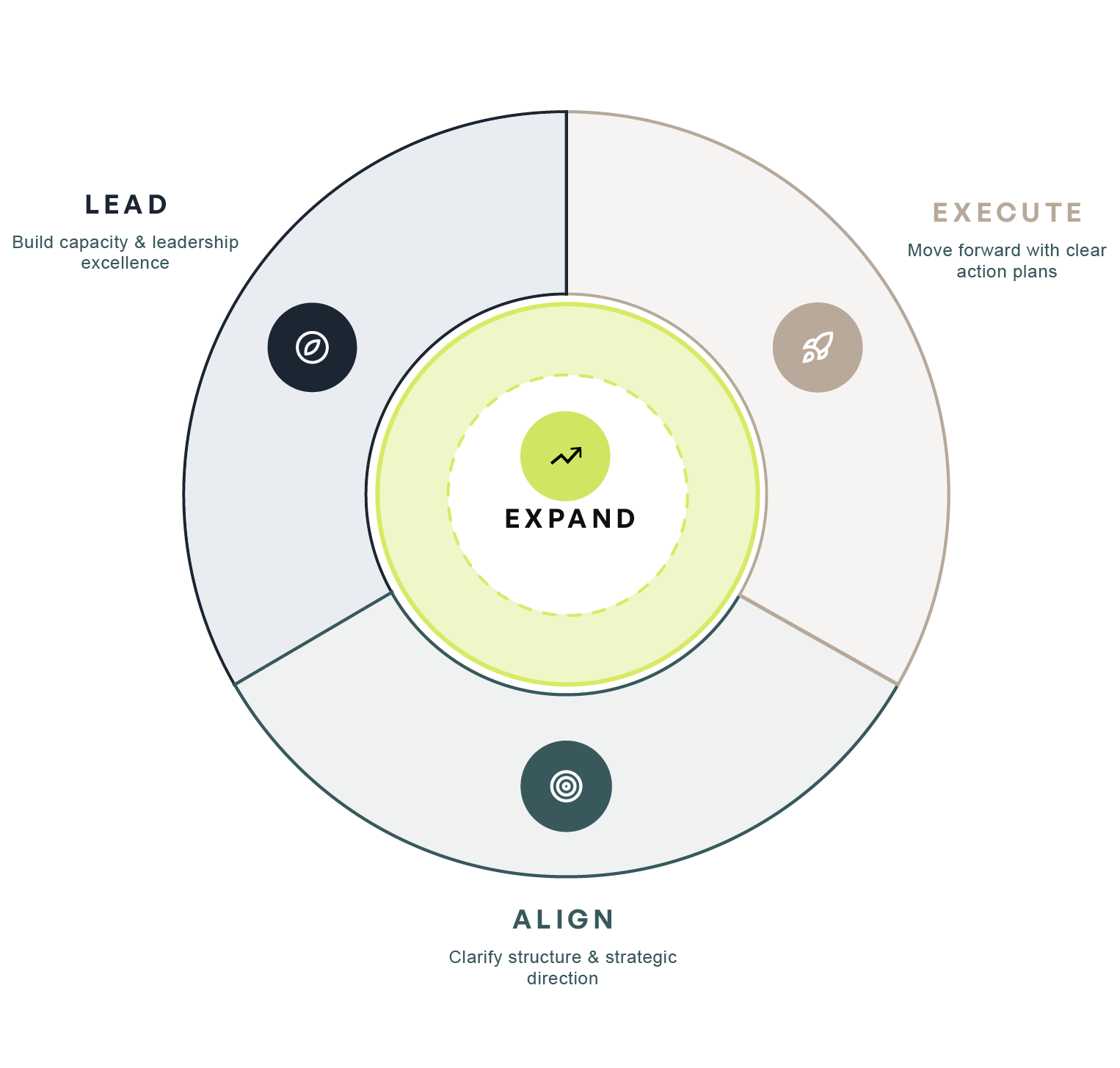 Graphic illustrating Maerin's Framework. This image depecits a circle comprised of three segments, Lead, Align, Execute, and in the center, Expand.